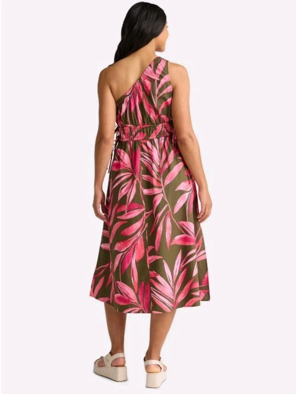 Time and Tru Women's XL One Shoulder Cotton Midi Dress Pink Olive/Gray Pockets